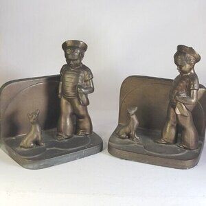 1930s Frankart Brass Bookends Sailboy And His Dog Art Deco Heavy Over 2.5lb Each